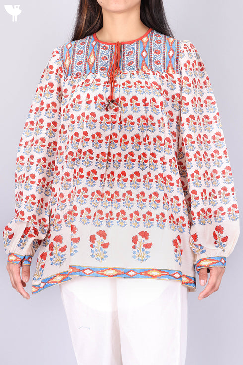 Cotton Silk Pleated Vintage Top In Floral Block Print